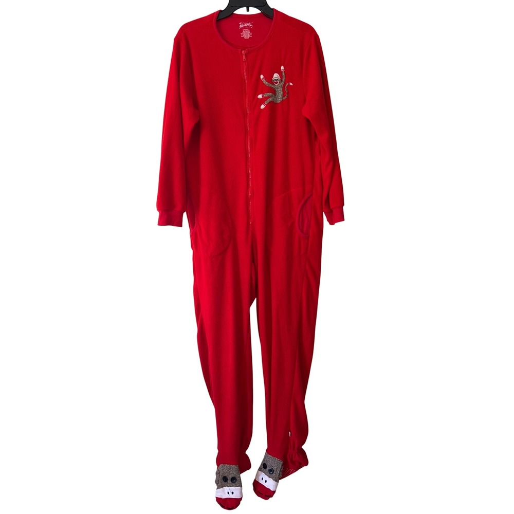 Nick Nora Red Fleece Sock Monkey‎ Footie Pajama Jumpsuit Sleepwear Women's Small